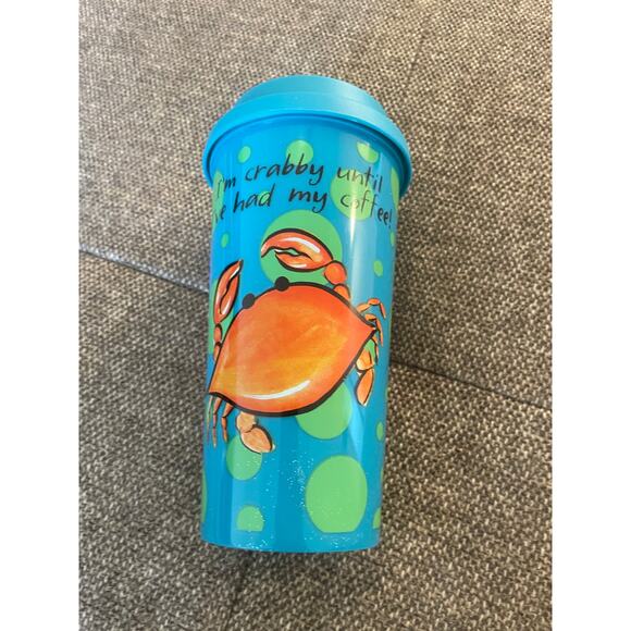 CAPE SHORE new travel mug plastic printed front Crabby patty coffee 8" tall blue - Picture 1 of 9